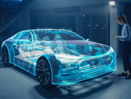 Female Automotive Engineer Uses Digital Tablet with Augmented Reality for Car Design Editing and Improvement. 3D Graphics Visualization Shows Fully Developed Vehicle Prototype Analysed and Optimized